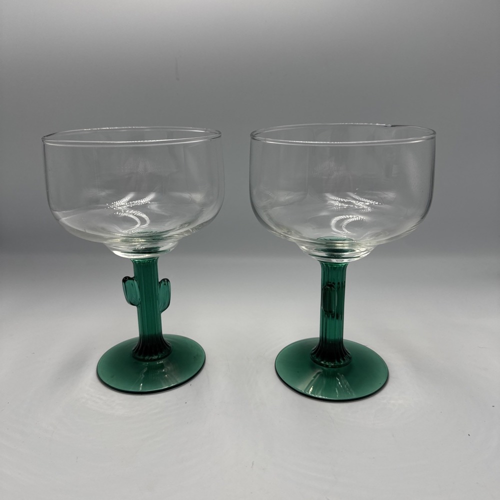 Margarita Glass Glasses Set of 2 Cactus Libby Green Stem Glassware